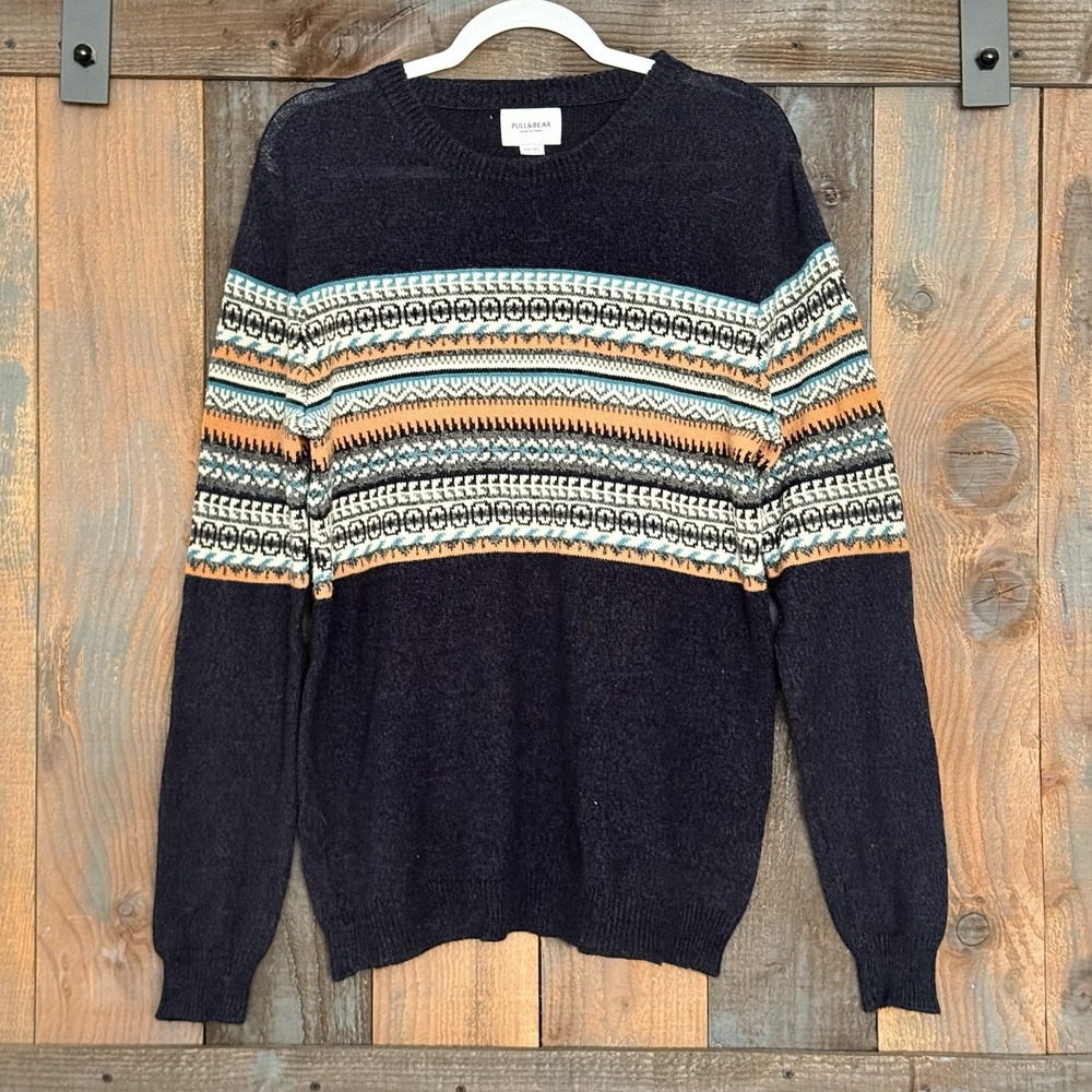 Pull And Bear Mens Fair Isle Knit Sweater Charcoal‎ Gray Patterned Size Large